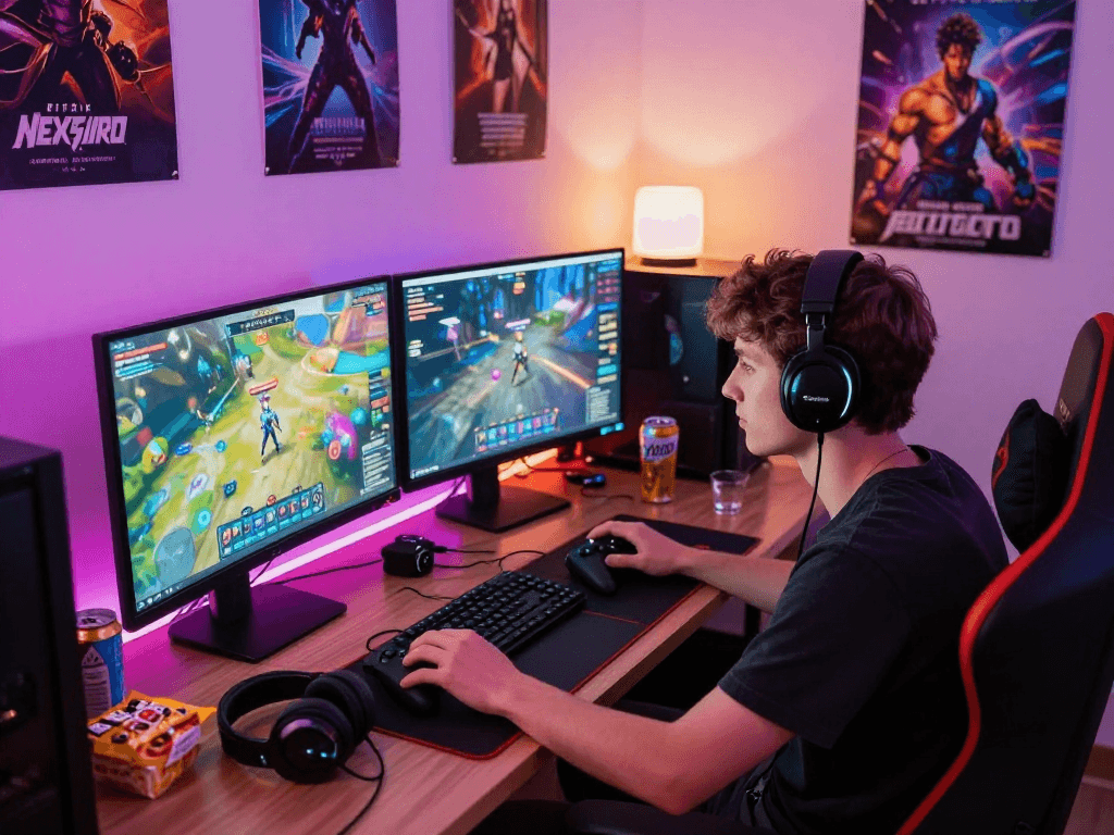 Dynamic scene of gaming enthusiast focused on immersive game sex titles in a vibrant gaming room.
