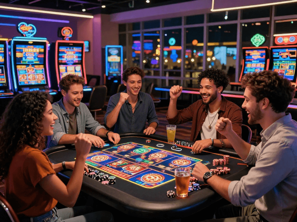 USA online casinos scene with friends enjoying table games in vibrant neon atmosphere.