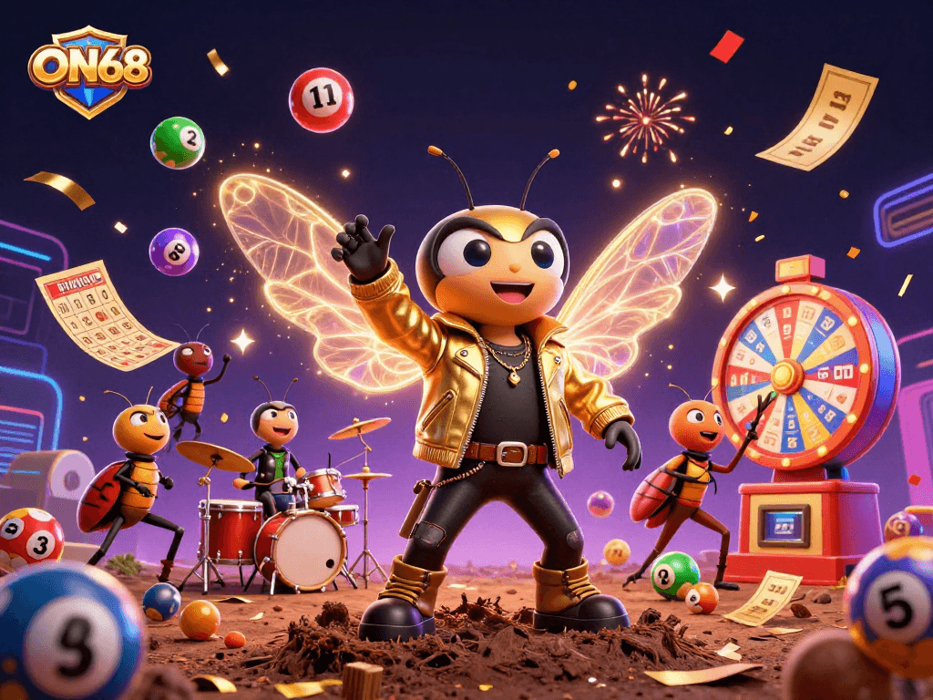 Experience gaming excitement with ON68's vibrant lottery scene featuring lively characters and dynamic elements.