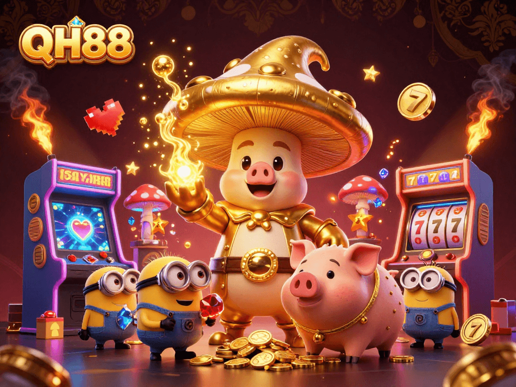Experience the magic of QH88 with a whimsical golden mushroom wizard and vibrant casino elements.