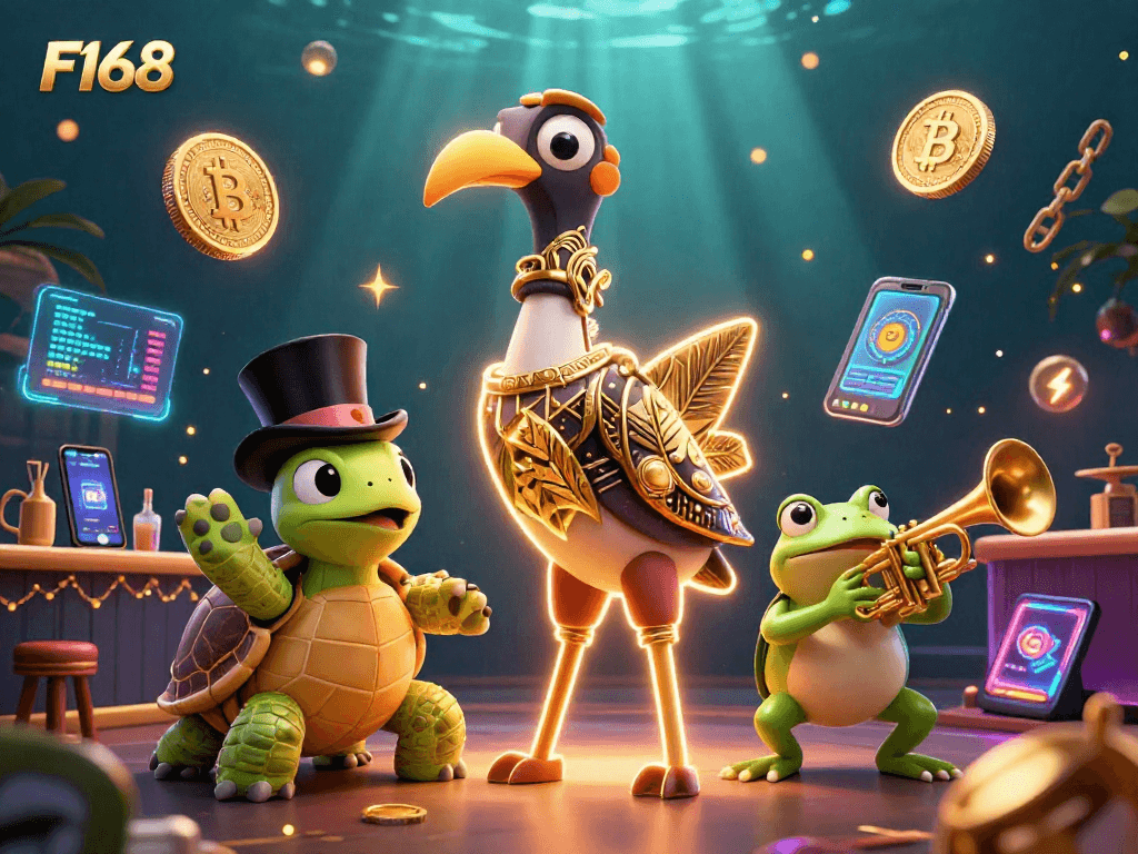 Experience F168’s vibrant casino atmosphere with a 3D crane, turtle, and frog amidst crypto coins.