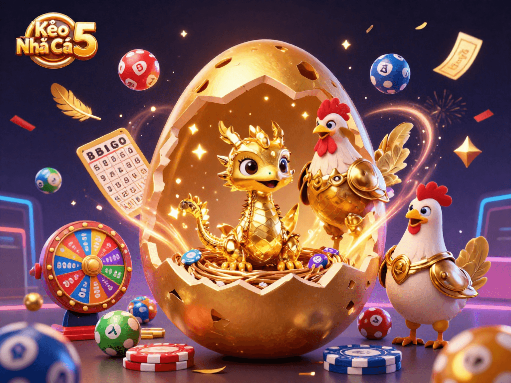 Kèo Nhà Cái 5 showcases a baby dragon on poker chips amidst a colorful lottery-themed celebration.