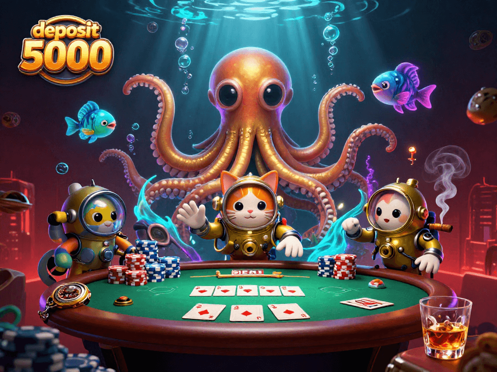 Engage with deposit 5000 at this vibrant casino scene featuring a kraken, diving cat, and poker elements.