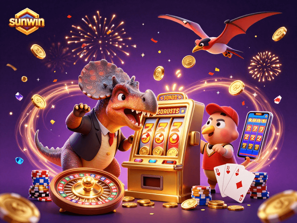 Experience sunwin's thrill as dinosaurs interact with jackpots and coins in a vibrant casino scene.