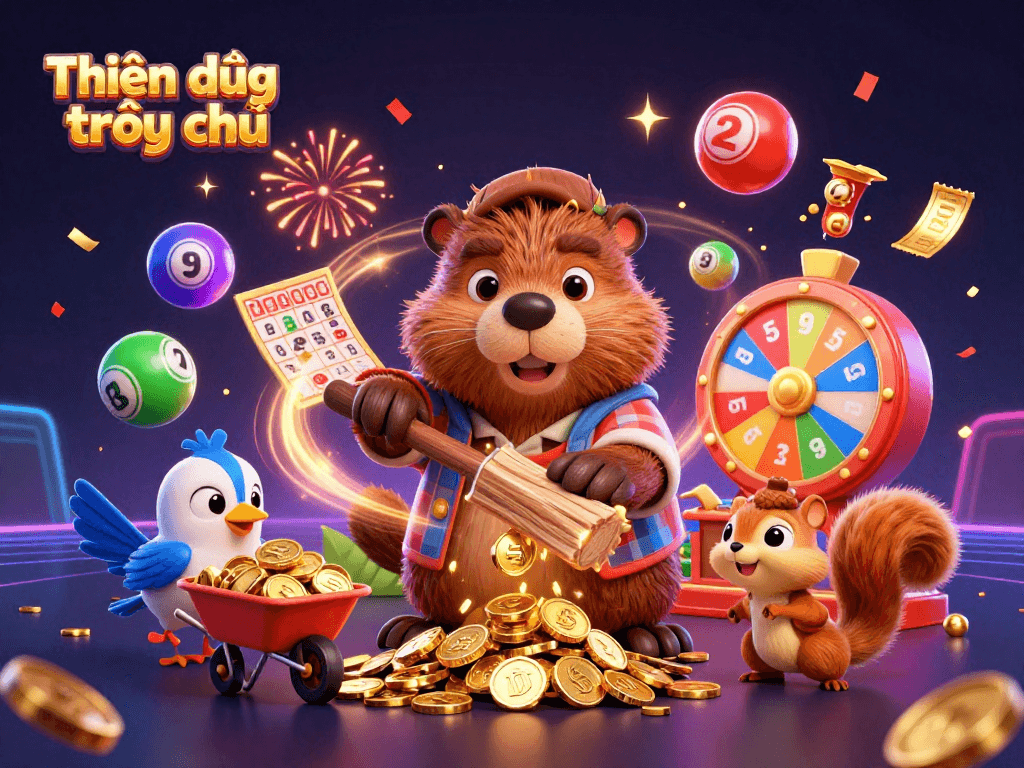 Join the excitement at Thiên đường trò chơi with vibrant lottery elements in a lively casino scene.