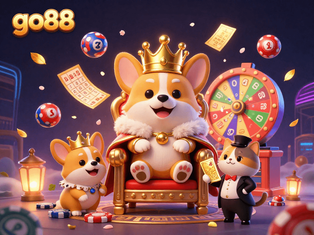 Experience the fun of go88 with a royal corgi casino scene filled with vibrant lottery balls and prizes.