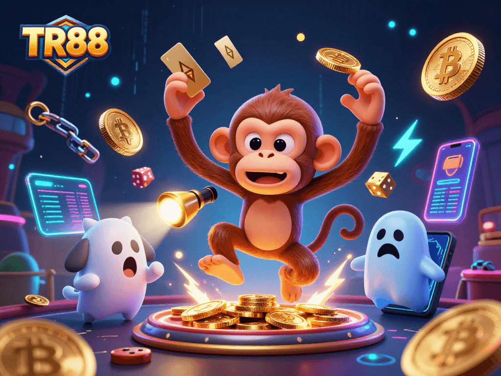 TR88 showcases playful excitement in a haunted casino with crypto coins and whimsical characters.