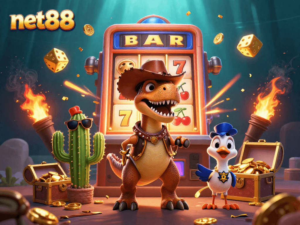 Experience exciting gameplay at net88 with a T-Rex, cactus, and roadrunner in a vibrant casino scene.