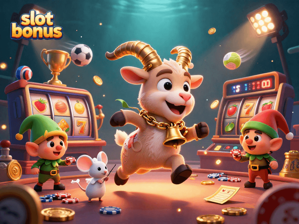 Experience the thrill of slot bonuses in this lively casino scene, featuring festive characters!