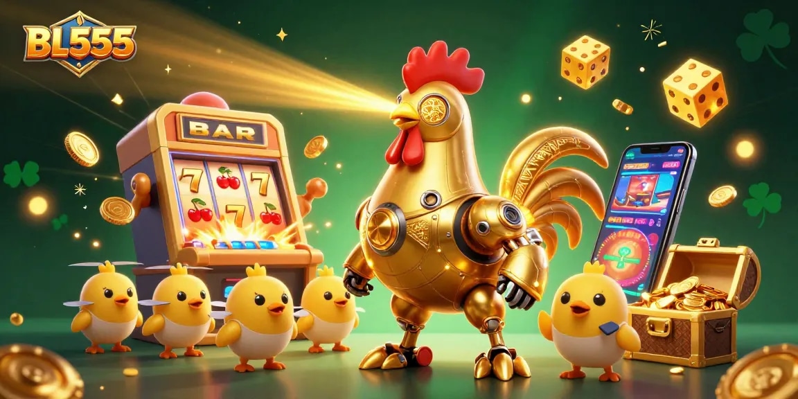 Engage in thrilling slots and gaming excitement at BL555 with golden rooster robot and arcade symbol explosion.