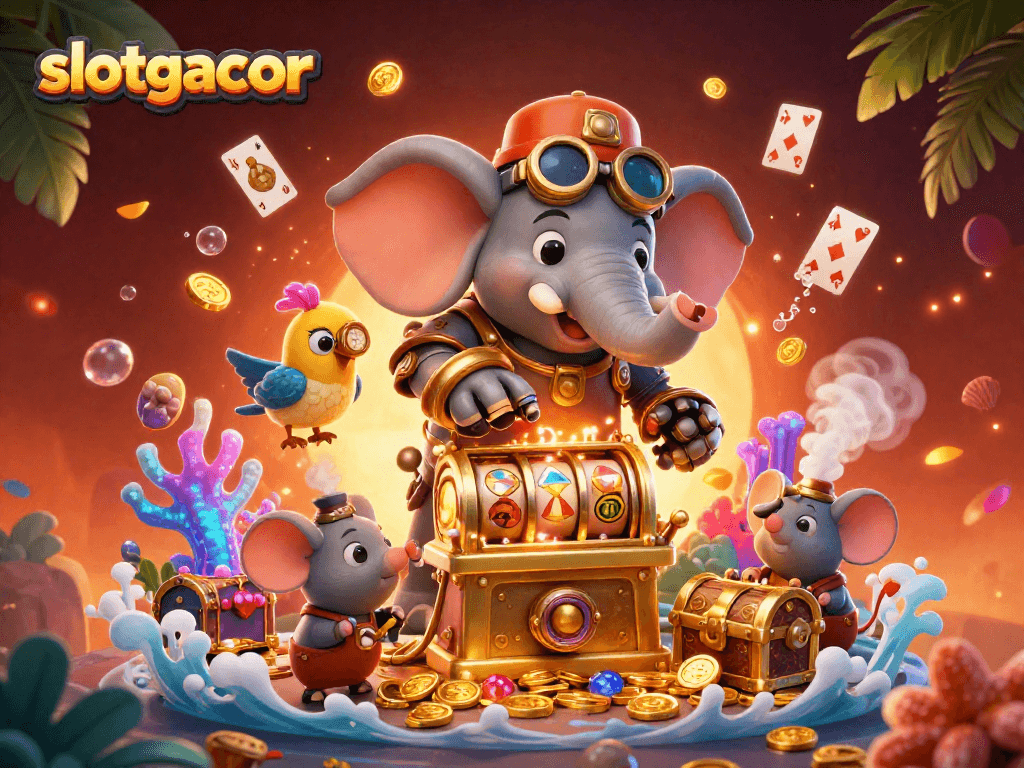 Experience slotgacor gaming with a steampunk elephant operating a golden slot machine among riches and adventure.