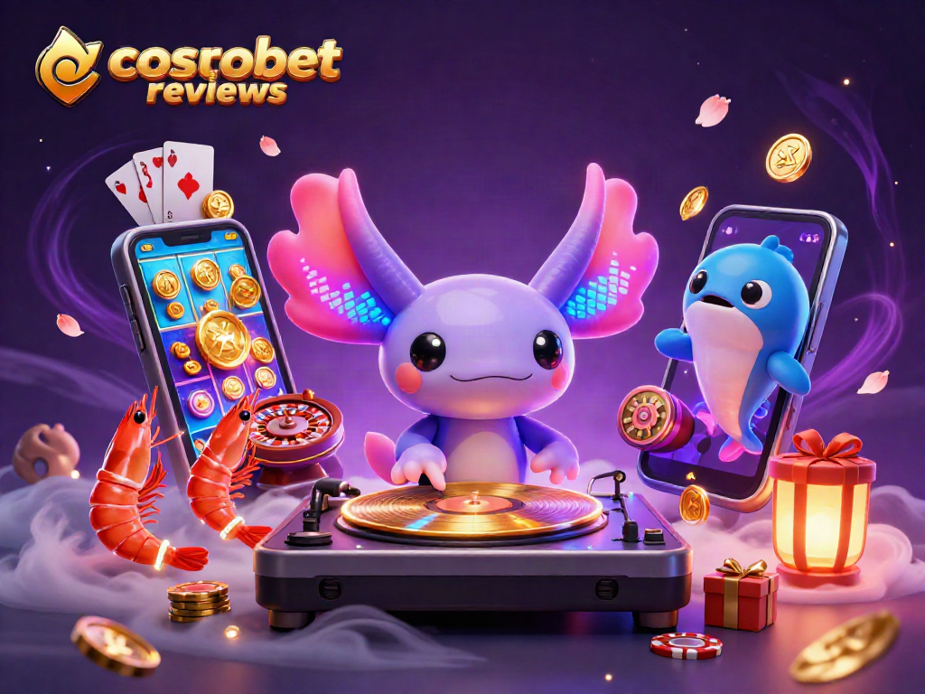 Experience engaging cosmobet reviews with a vibrant scene of a neon axolotl DJ and lively sea creatures.