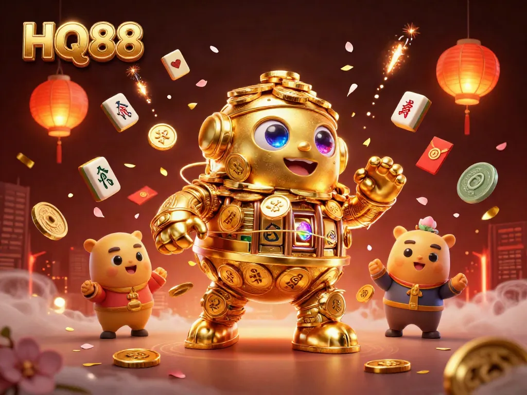 Experience thrilling gaming with HQ88's golden golem, vibrant mahjong tiles, and festive fireworks.
