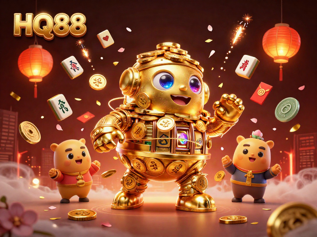 Experience thrilling gaming with HQ88's golden golem, vibrant mahjong tiles, and festive fireworks.