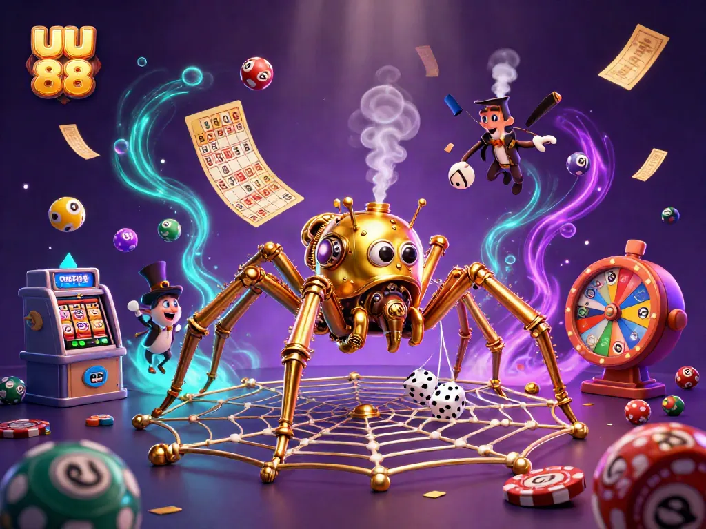 Engage with diverse games at uu 88 featuring vibrant lottery balls and a steampunk spider in a casino setting.