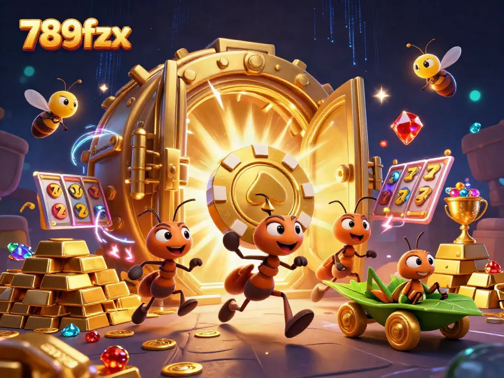 Experience a thrilling heist with 789fzx as cartoon ants escape with a giant poker chip, surrounded by dazzling treasures.