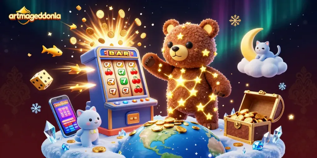 Engage in thrilling slots and jackpots at artmageddonla, featuring a magical bear and dynamic casino symbols.