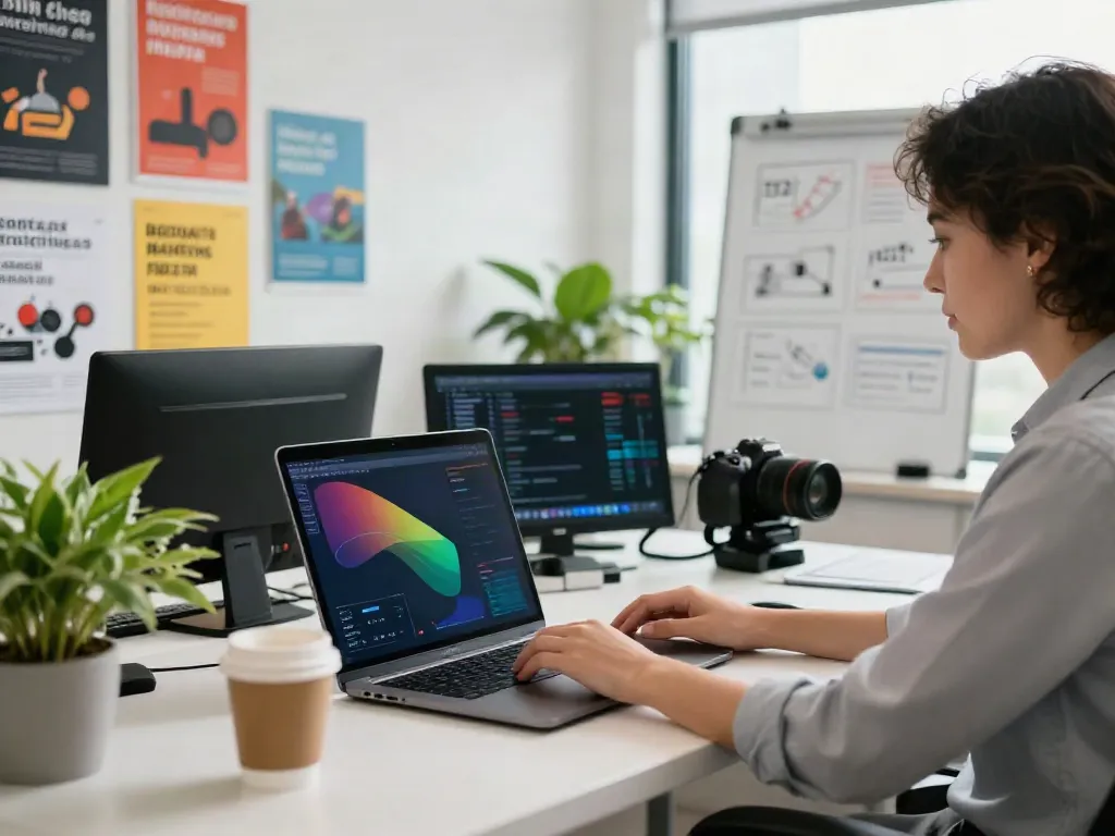 A marketing specialist using instant indexing techniques at a modern office workspace.