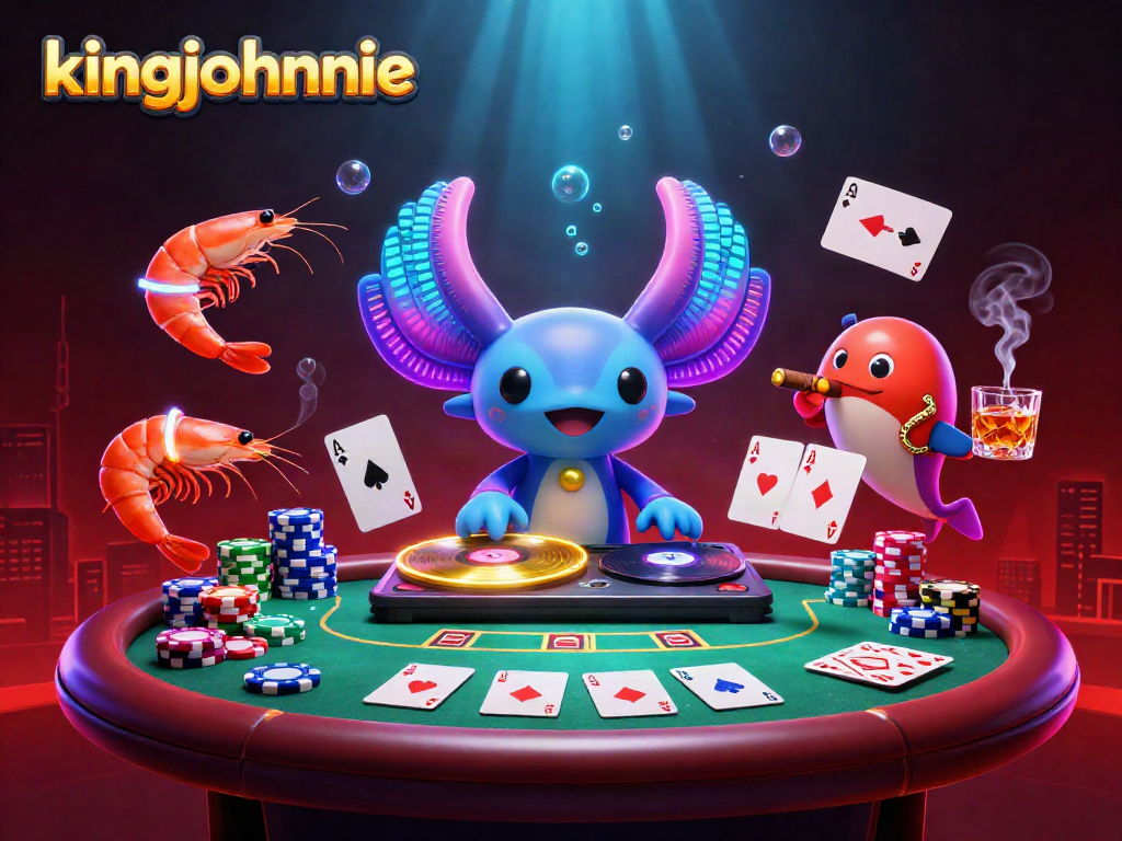 Experience kingjohnnie's vibrant online casino scene with a lively underwater DJ and poker elements.