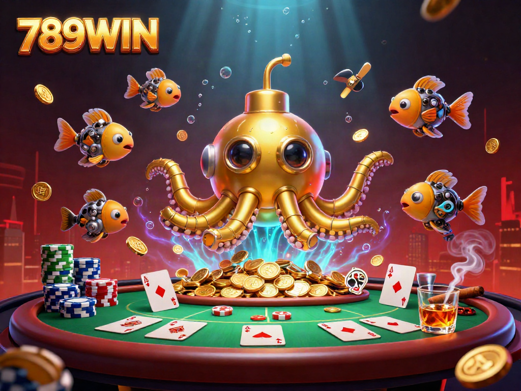 Engage with 789WIN's lively underwater casino scene featuring golden kraken and poker elements.
