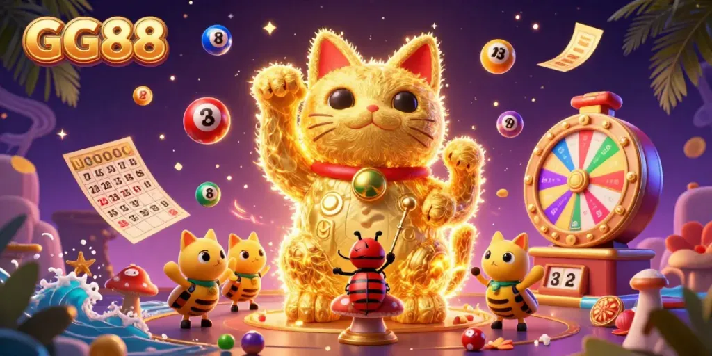 Engage with GG88's vibrant casino world, featuring a golden lucky cat and dynamic game elements.