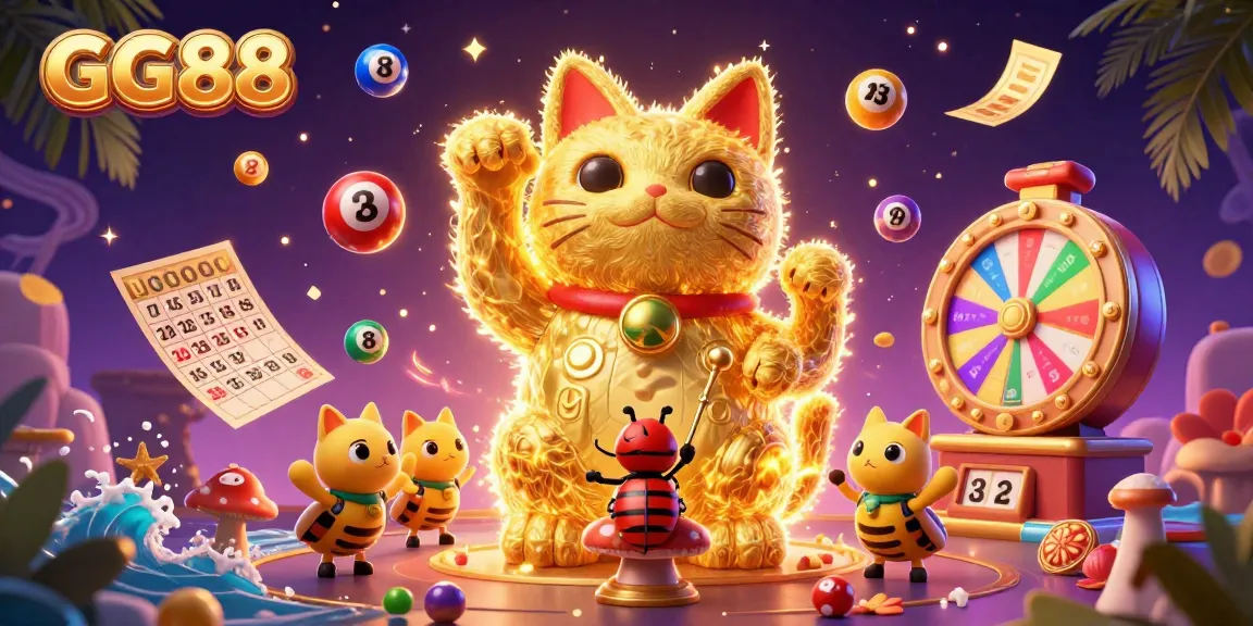 Engage with GG88's vibrant casino world, featuring a golden lucky cat and dynamic game elements.