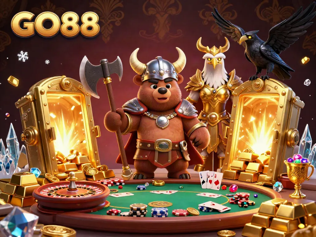 Engage with GO88's thrilling casino adventure featuring a Viking bear and Valkyrie eagle in a dynamic gambling scene.