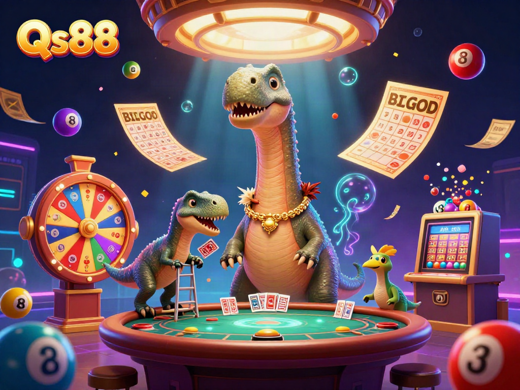 Engage with Qs88 through thrilling gambling adventures featuring a fun dinosaur in a vibrant casino setting.