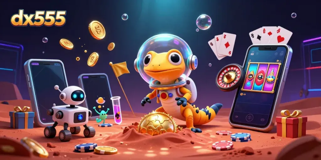 Engage in thrilling gaming adventures on dx555 with a vibrant Martian casino scene.