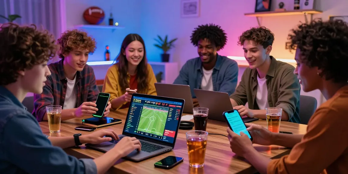 Group enjoying online betting with 11 bet on multiple devices in a lively atmosphere.