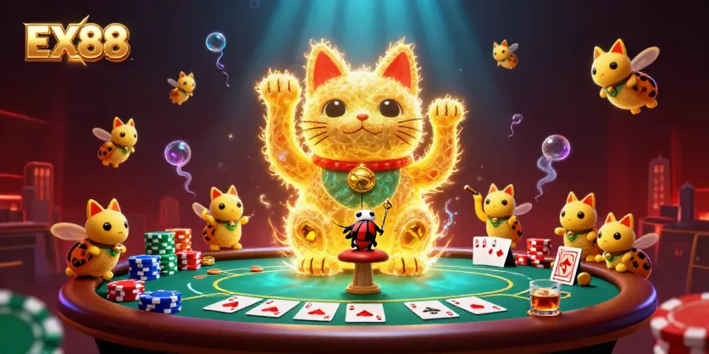 Play through EX88’s vibrant casino scene where a lucky cat and beetle conductor preside over a poker table.