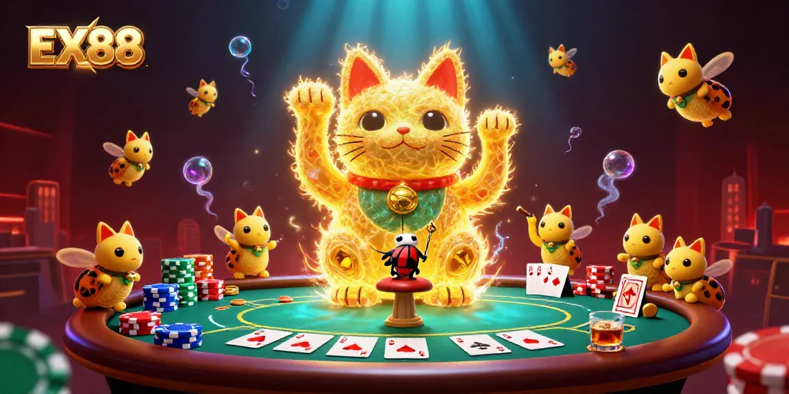 Play through EX88’s vibrant casino scene where a lucky cat and beetle conductor preside over a poker table.