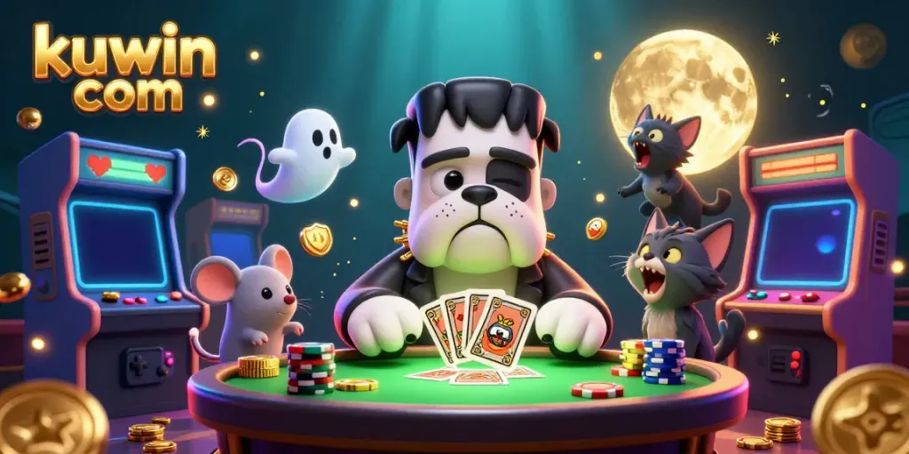 Engage with kuwin com, where a Frankenstein bulldog deals cards at a glowing casino table.