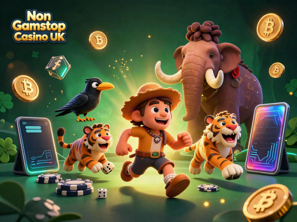 Experience the thrill of Non Gamstop Casino UK with our vibrant caveman and sabertooth tiger illustration.