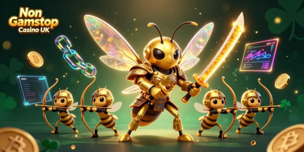 Engage with Non Gamstop Casino UK featuring a dynamic illustration of a golden hornet samurai and bee archers.