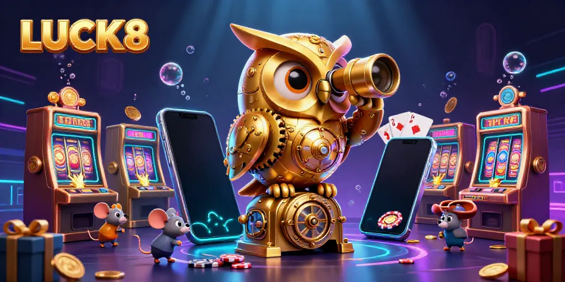 LUCK8 illustrates an enchanting casino scene with a golden owl and mouse patrons amidst vibrant slot games.