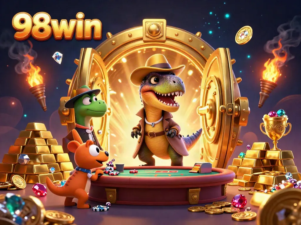 Experience the thrill of 98win with a velociraptor card counter at an extravagant blackjack table amidst sparkling treasures.