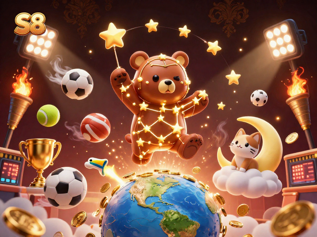 S8 enhances your betting experience with golden coins and vibrant sports elements.