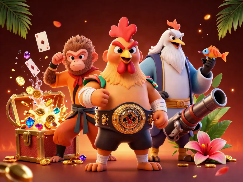 99win showcases a lively scene with a Muay Thai rooster, Shaolin monkey, and crane master amidst a rich casino environment.