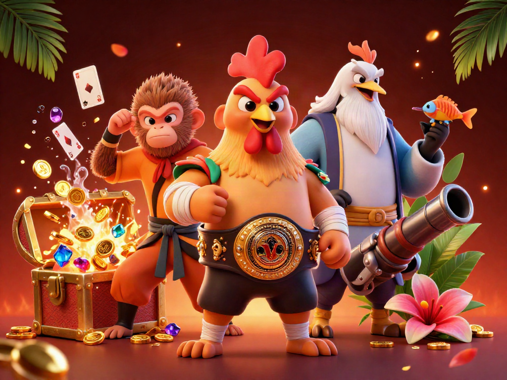 99win showcases a lively scene with a Muay Thai rooster, Shaolin monkey, and crane master amidst a rich casino environment.
