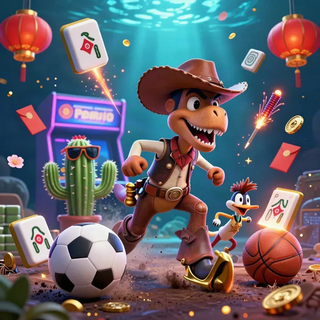 Western cowboy T-Rex, cactus, and roadrunner amid casino game items and glowing blue-purple lights
