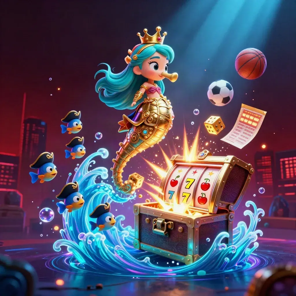 Mermaid princess on armored seahorse amid slot symbols, gold, fish, and neon casino light