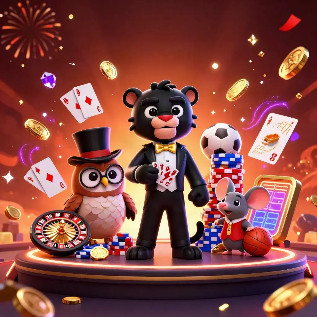Panther, owl, and mouse amid chips, roulette, coins, cards, and neon casino glow