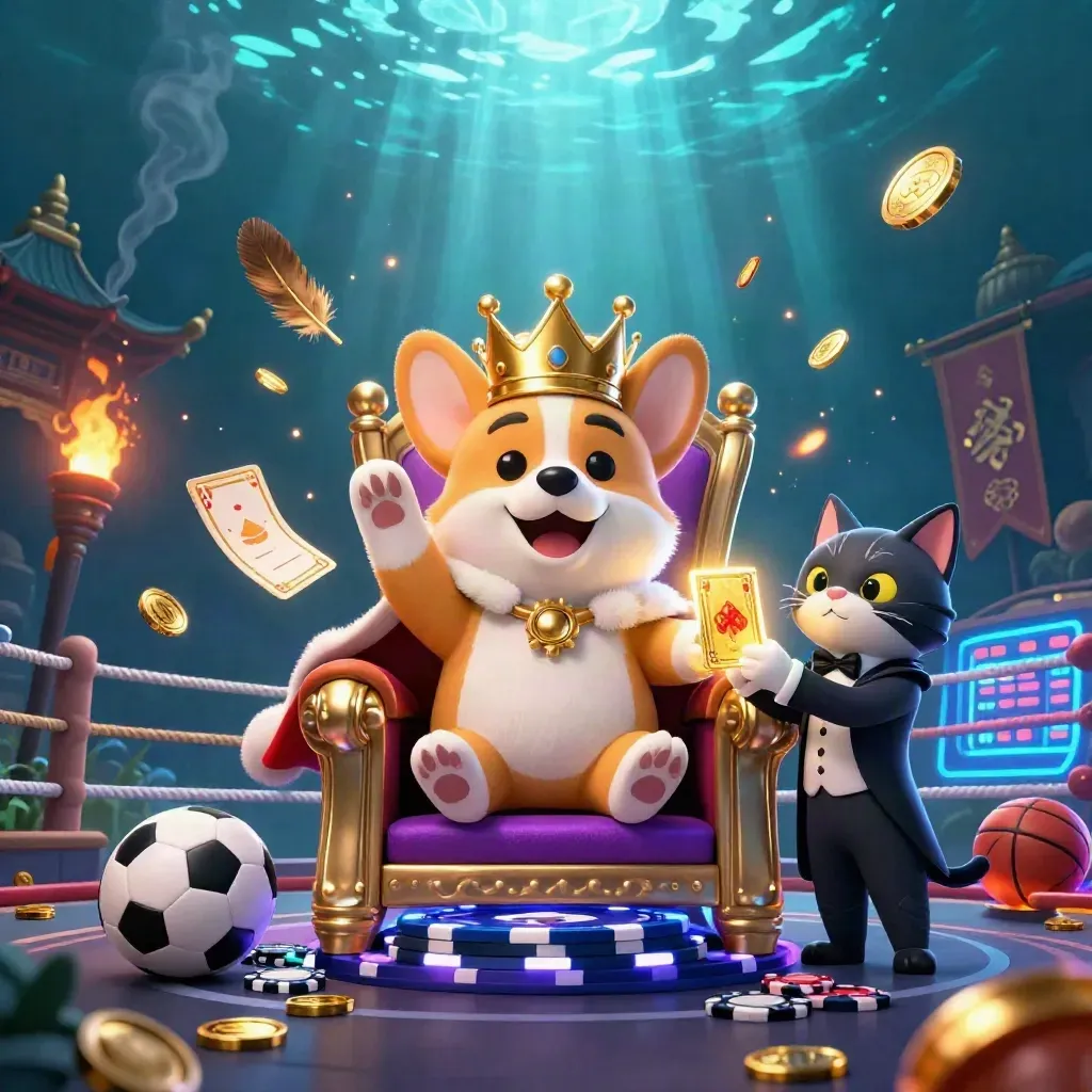 Royal corgi and cat butler amid chips, coins, banners, and neon arena lights.