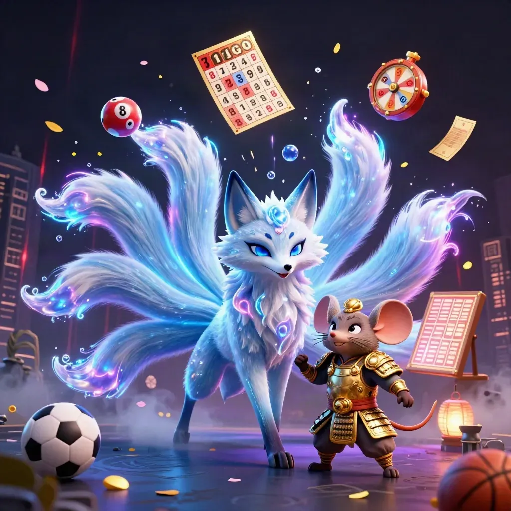 Neon fox spirit and golden mouse amid casino game effects in a dark futuristic arena