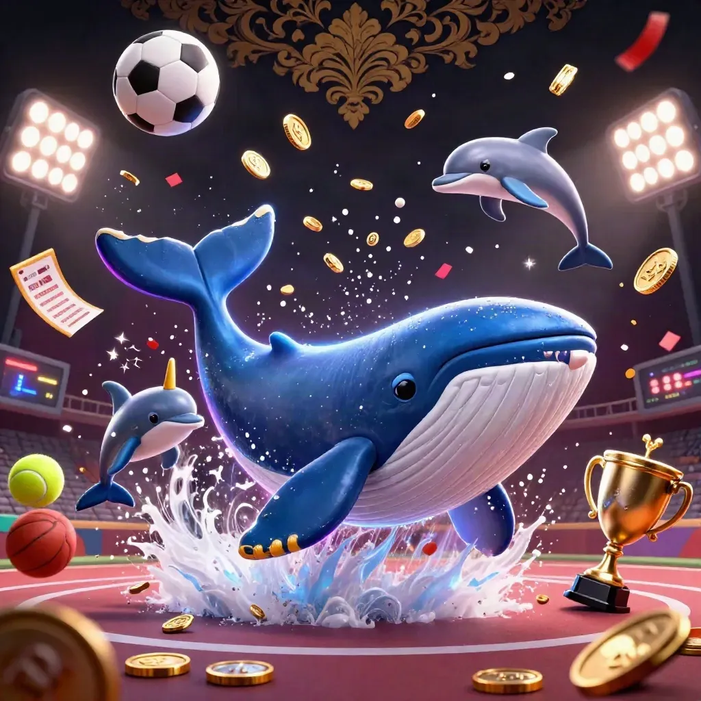 Whale captain, narwhal and dolphins burst through coins under neon lights with flying balls and sparkles