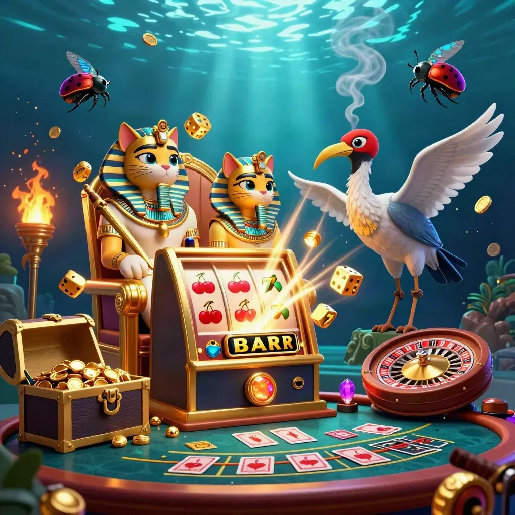 Pharaoh cat, ibis scribe and gem-winged scarabs amid slot bursts, dice, roulette and gold in teal-blue light.