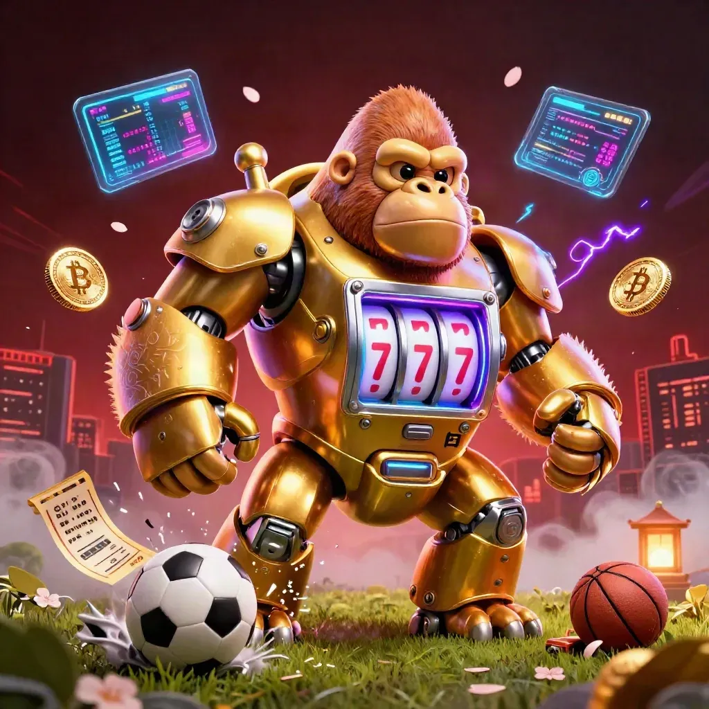 Golden gorilla mech with tiny monkey pilot amid coins, lightning, and sports gear