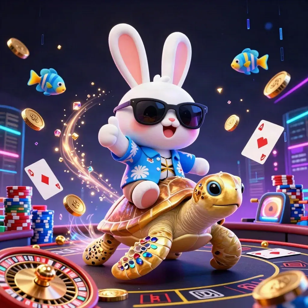 Cartoon rabbit on golden turtle amid casino lights, coins, gems, roulette wheel and chips.