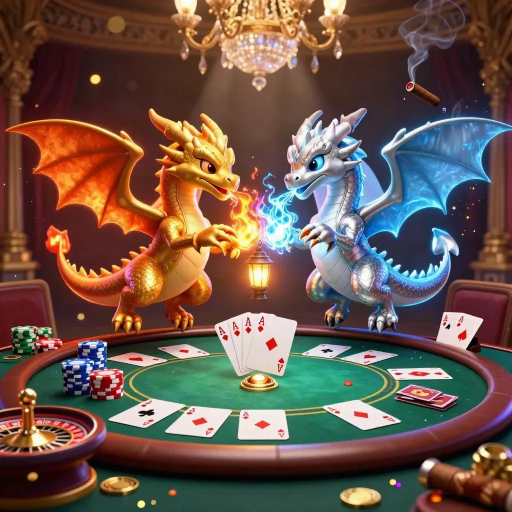 Gold and silver dragons spiral in a neon casino with chips, cards, brass, and chandelier glow.